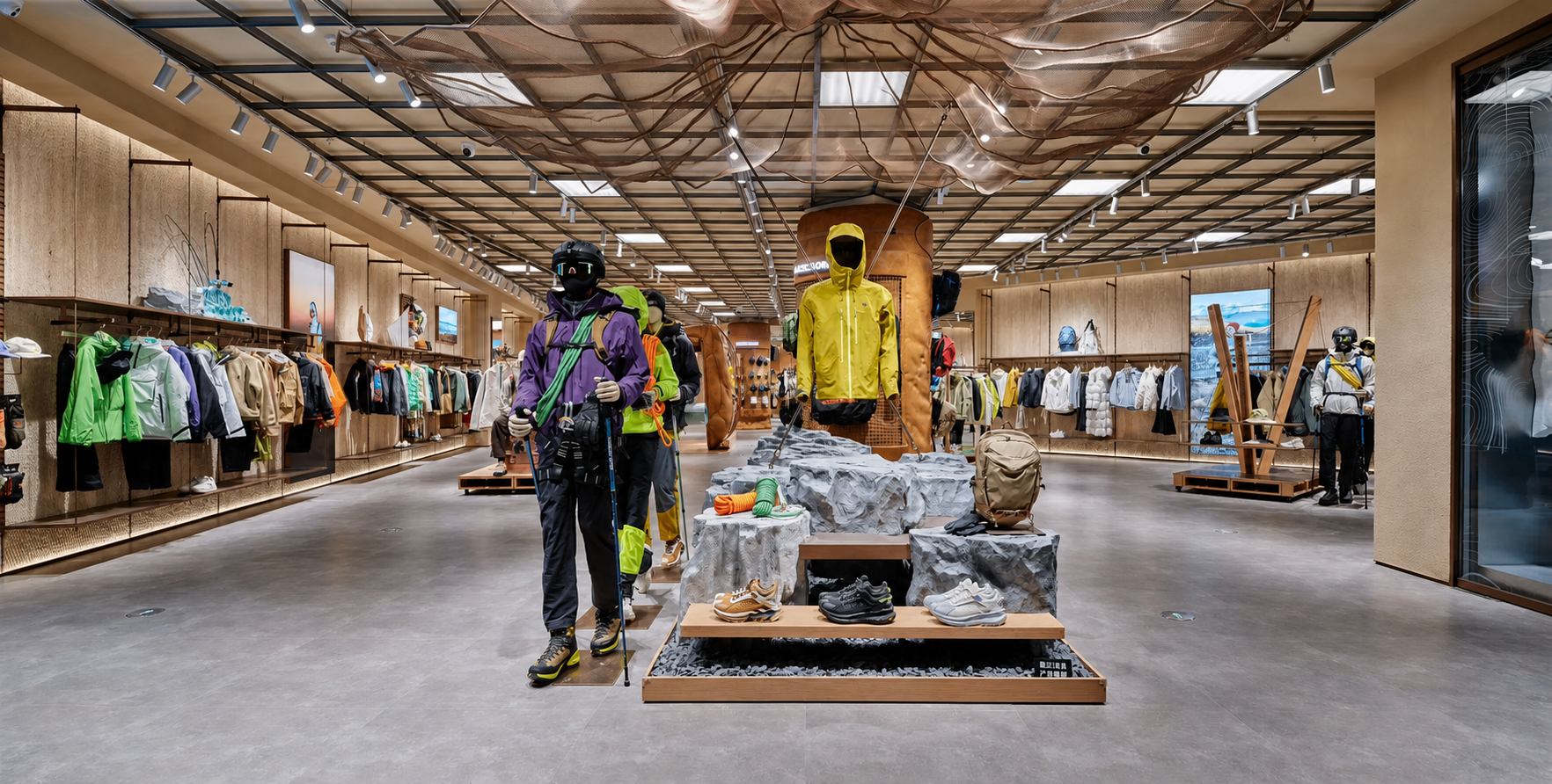 Sculptural rock forms and custom mixed-material features in an outdoor retail environment